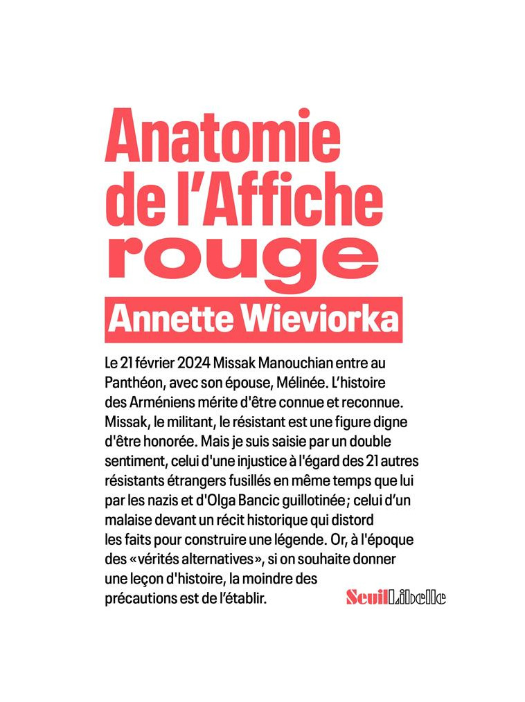 ANATOMIE DE L-AFFICHE ROUGE - WIEVIORKA - SEUIL