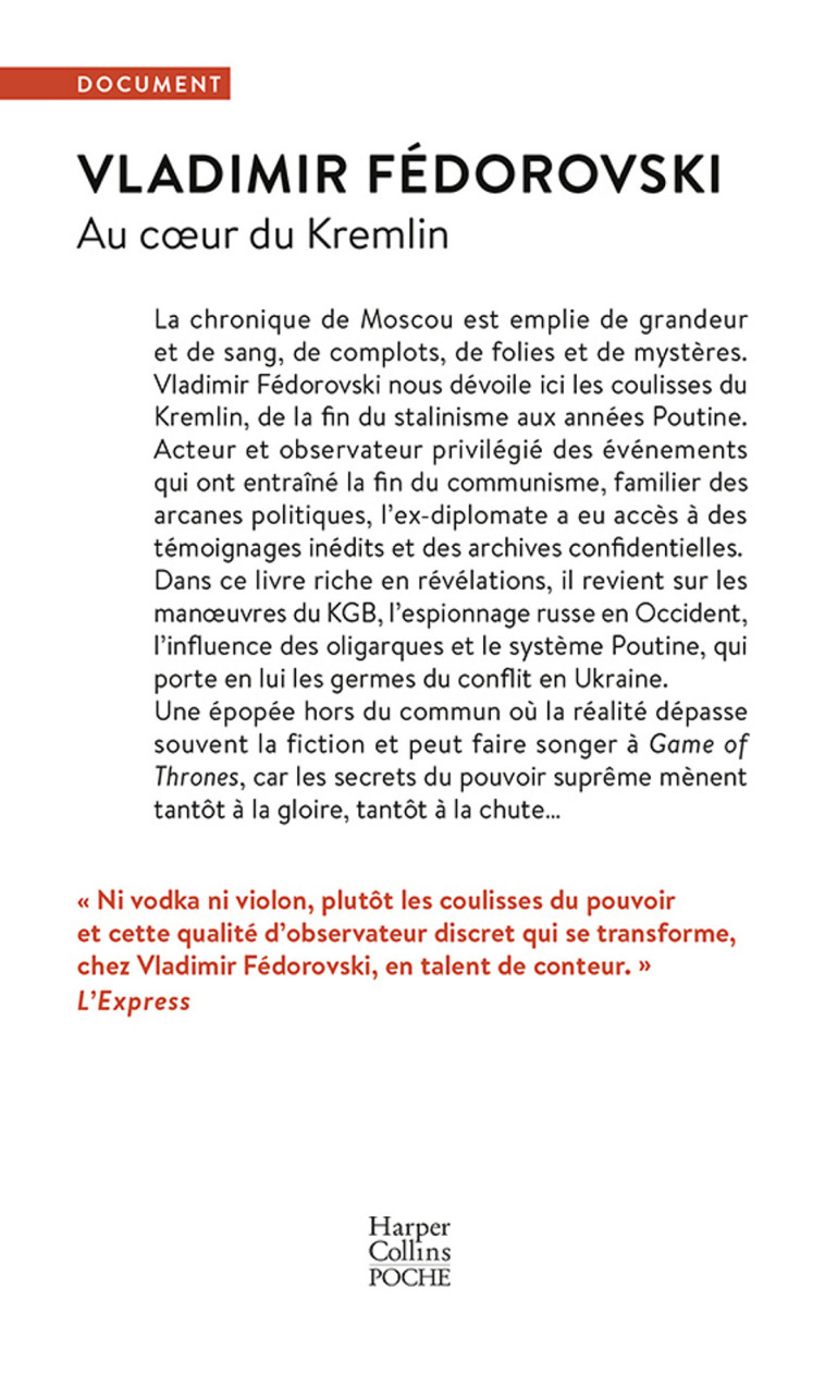 Au coeur du Kremlin - Vladimir Fédorovski - HARPERCOLLINS