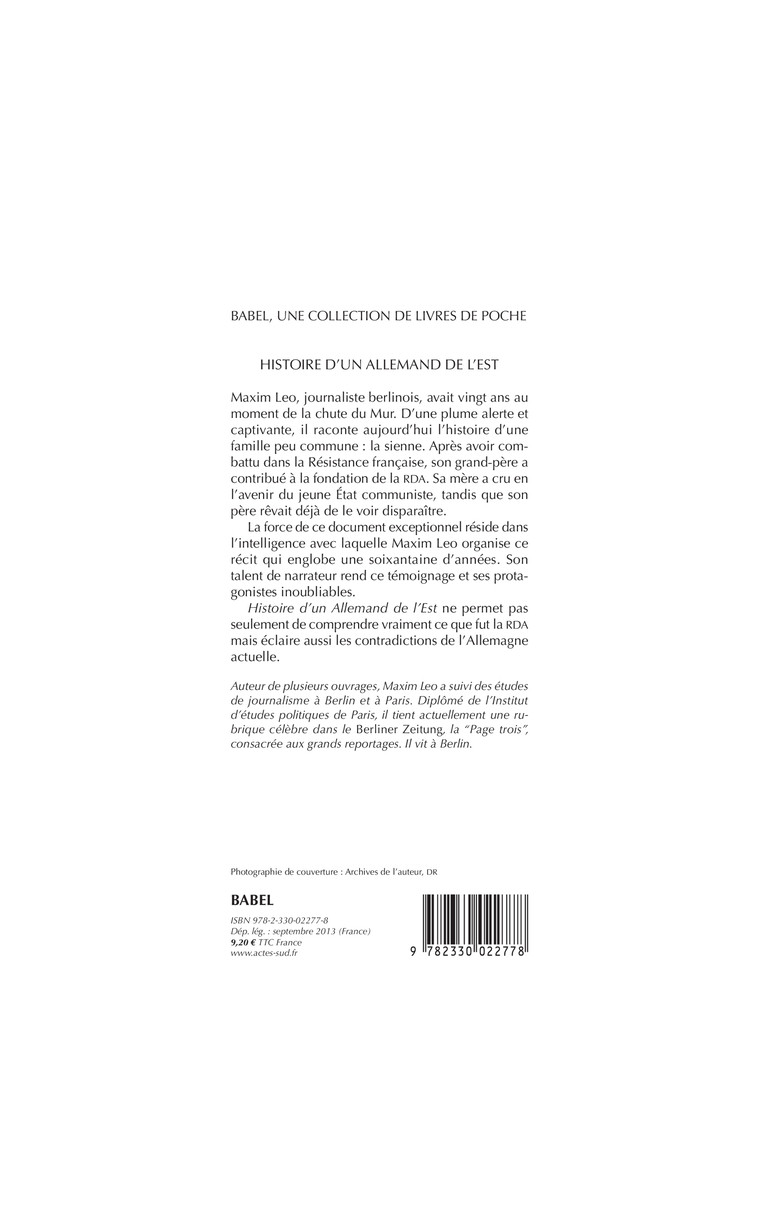 Histoire d'un Allemand de l'Est - Maxim Leo, Olivier Mannoni - ACTES SUD