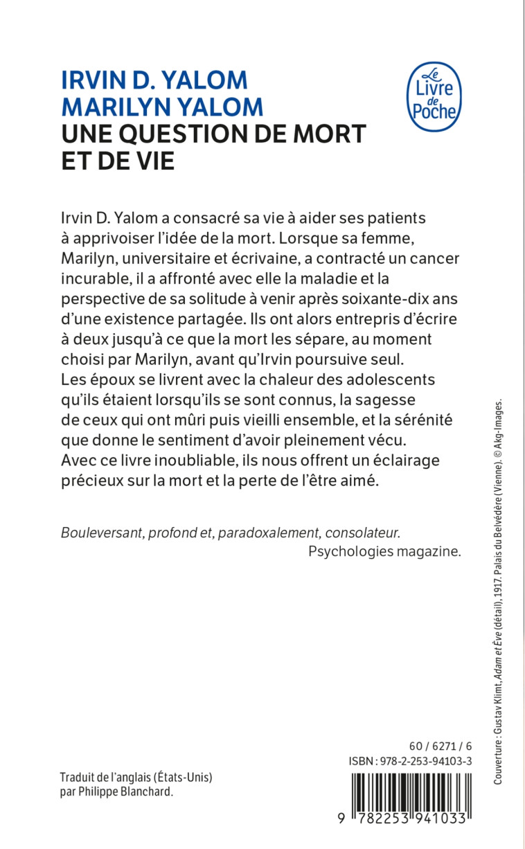 Une Question de mort et de vie - Irvin Yalom, Marilyn Yalom - LGF