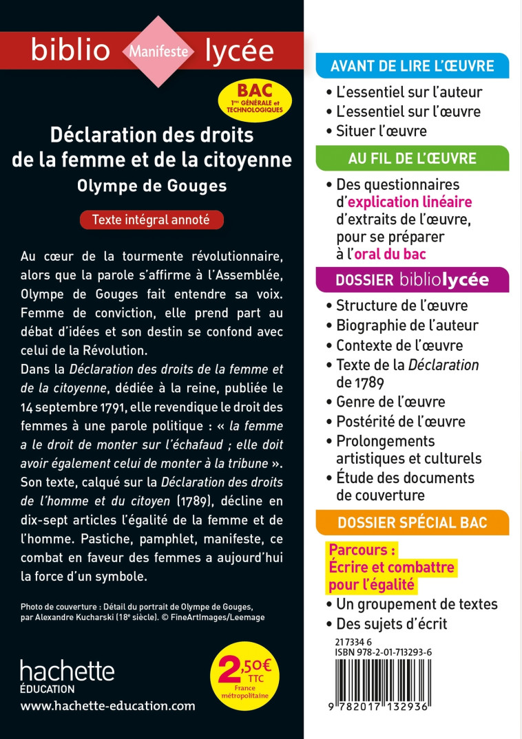 BiblioLycée - Déclaration des Droits de la femme et de la citoyenne, Olympe de Gouges - BAC 2023 - Sylvie Beauthier - HACHETTE EDUC