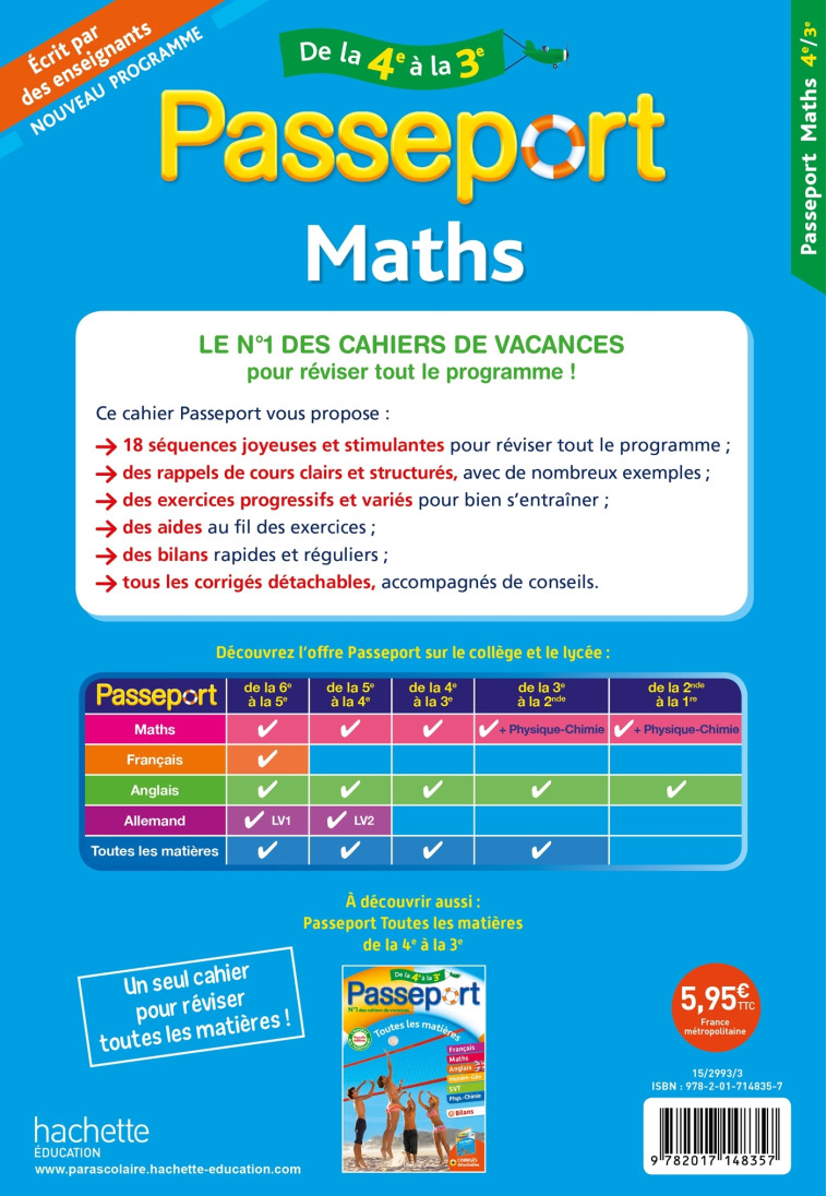 Passeport - Maths - De la 4e à la 3e - Cahier de vacances 2024 - mireille semat - HACHETTE EDUC