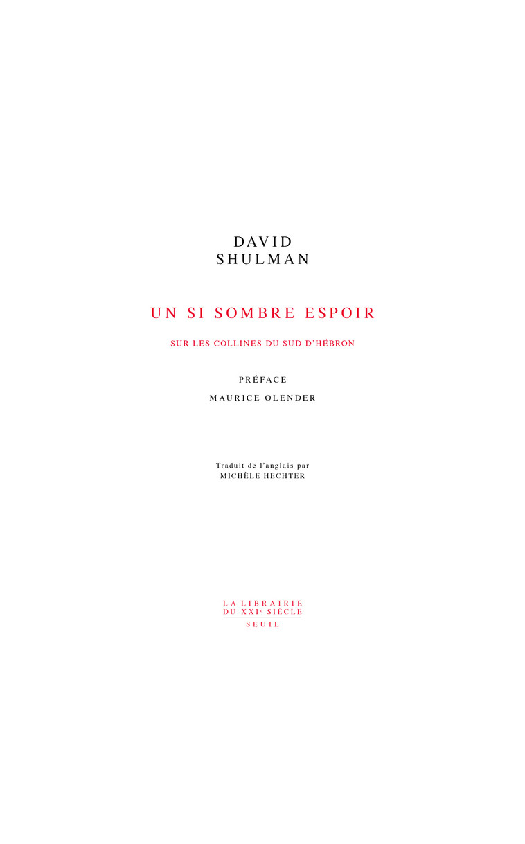 Un si sombre espoir - David Shulman - SEUIL