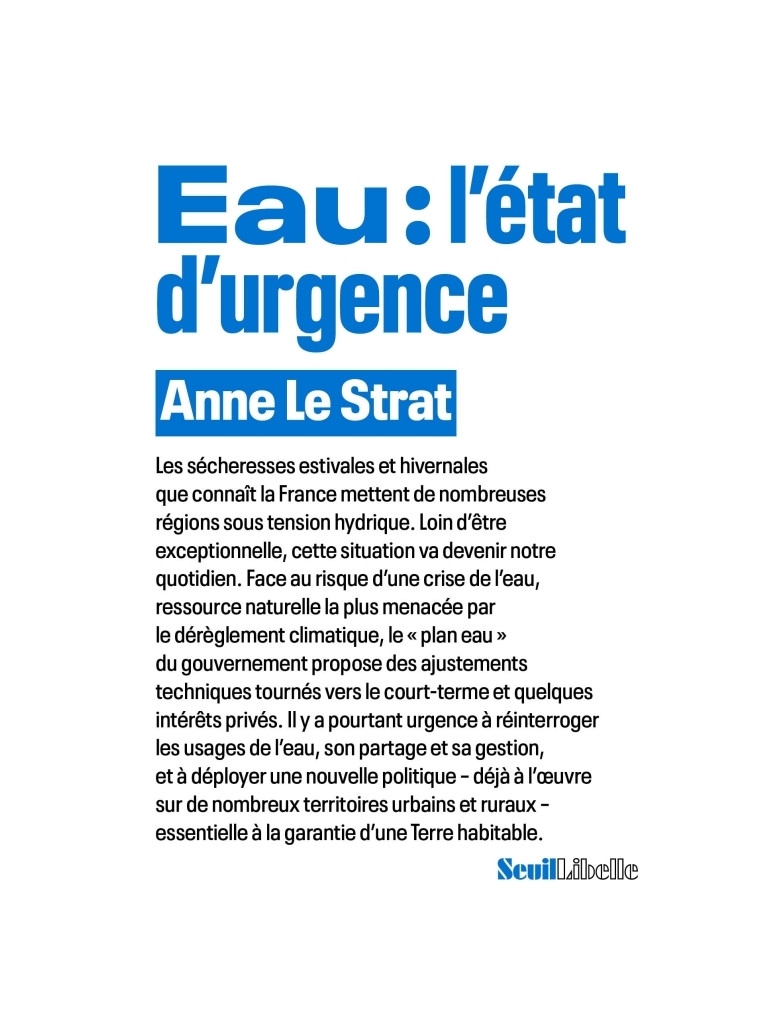 Eau : l'état d'urgence - Anne Le Strat - SEUIL