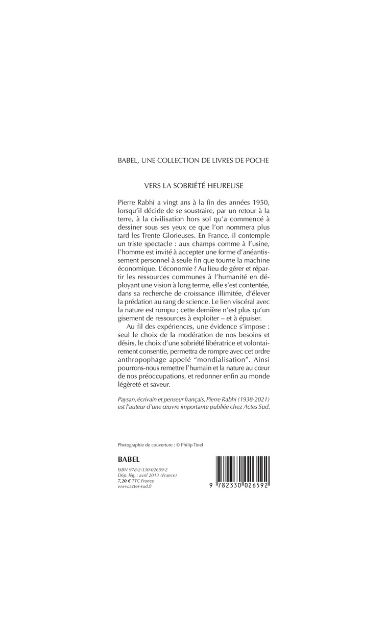 Vers la sobriété heureuse - Pierre Rabhi - ACTES SUD