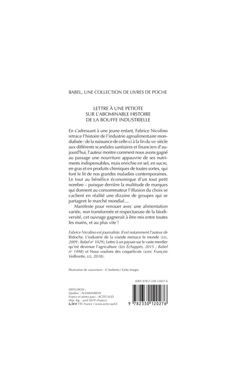Lettre à une petiote sur l'abominable histoire de la bouffe industrielle - Fabrice Nicolino - ACTES SUD