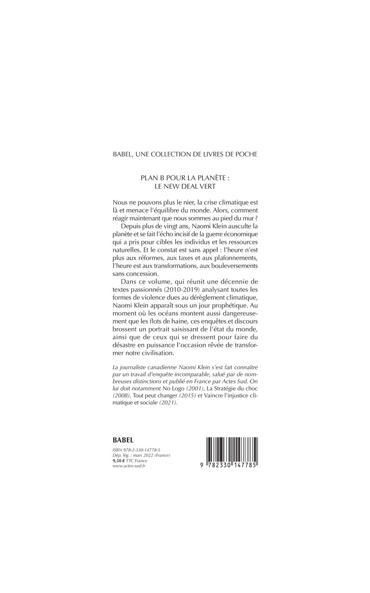 Plan B pour la planète : Le New Deal vert - Naomi Klein - ACTES SUD