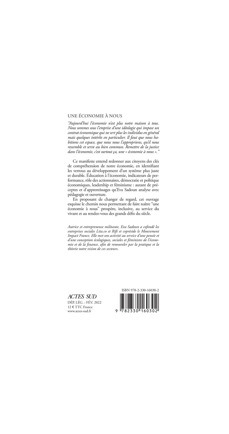 Une économie à nous - Eva Sadoun - ACTES SUD