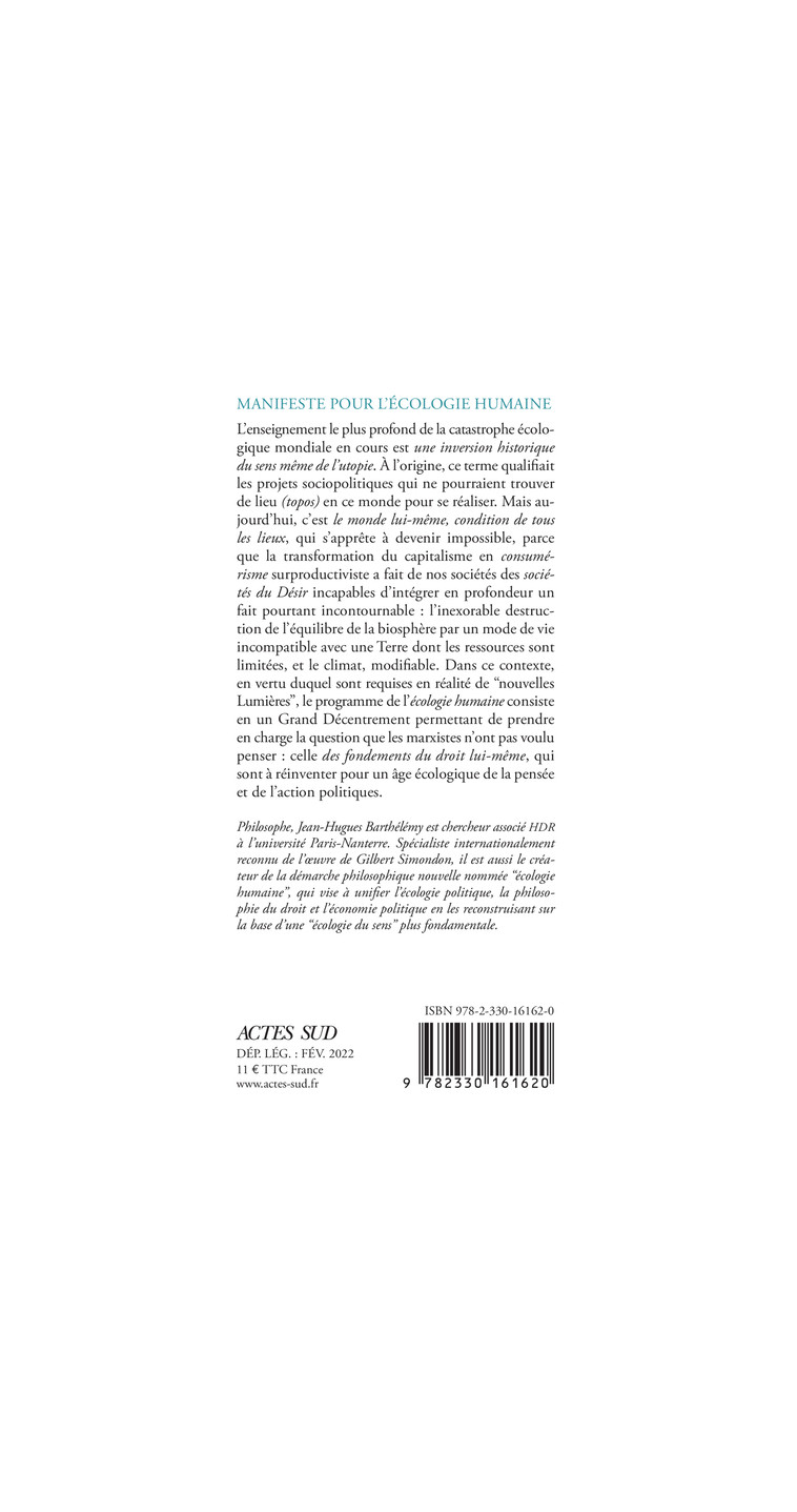 Manifeste pour l'écologie humaine - Jean-Hugues Barthélémy - ACTES SUD