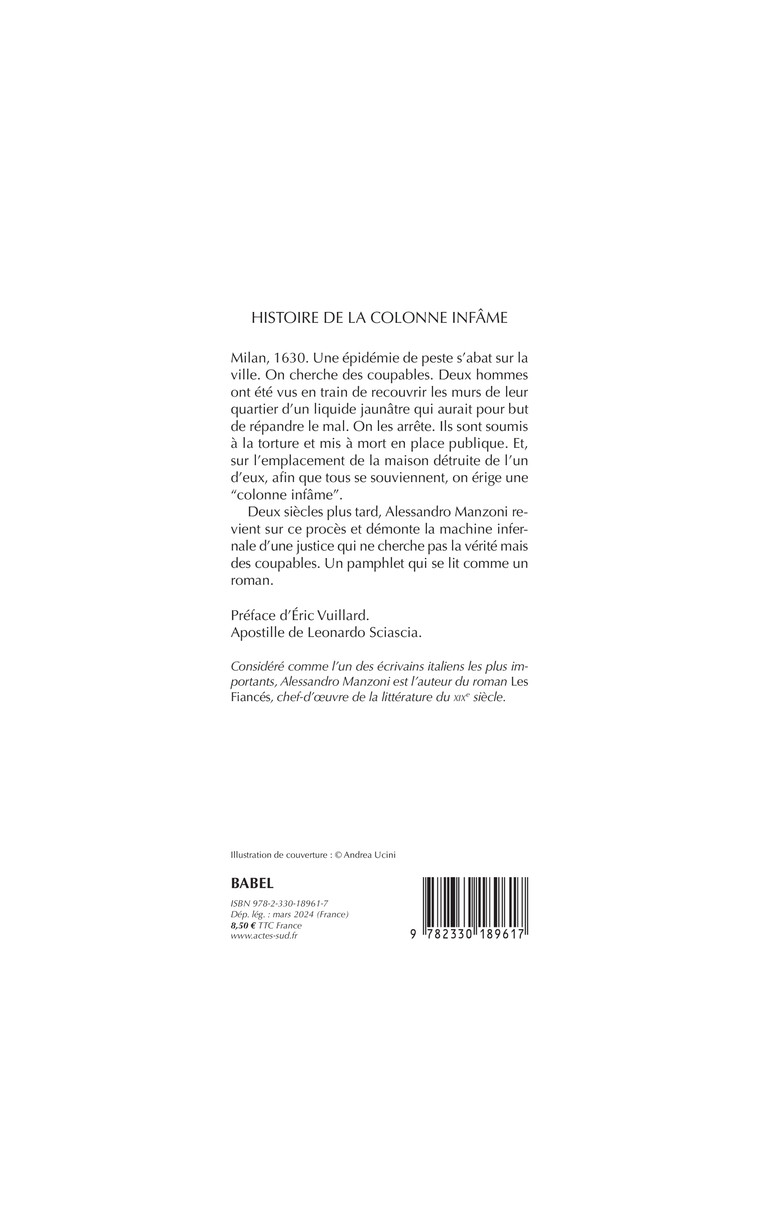 Histoire de la colonne infâme - Alessandro Manzoni - ACTES SUD