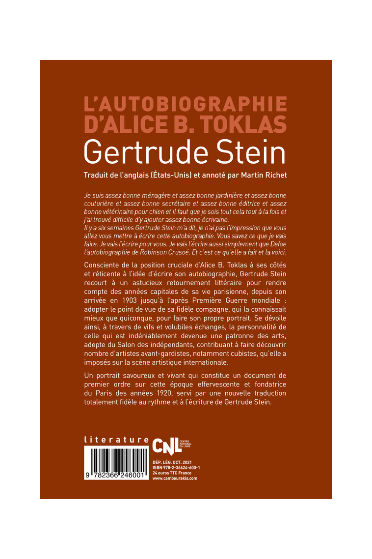 L'autobiographie d'Alice B. Toklas - Gertrude Stein - CAMBOURAKIS