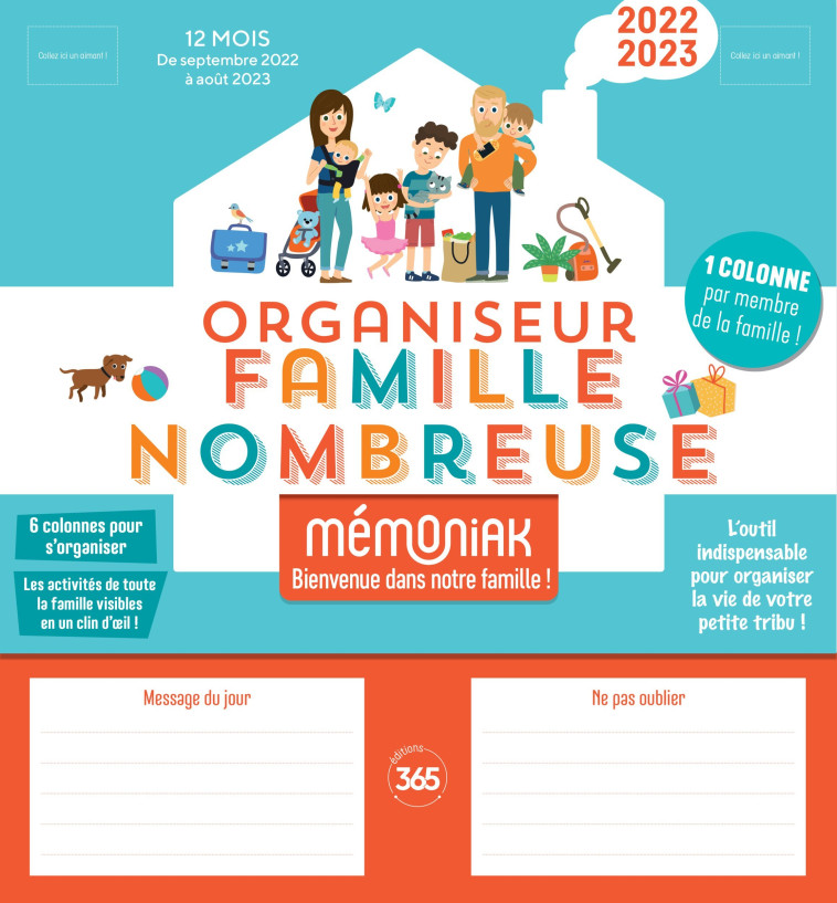 Organiseur familial Mémoniak spécial famille nombreuse, calendrier mensuel 6 colonnes, 12 mois -  Nesk - 365 PARIS