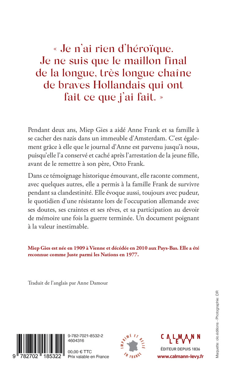 Elle s'appelait Anne Frank - Miep Gies - CALMANN-LEVY