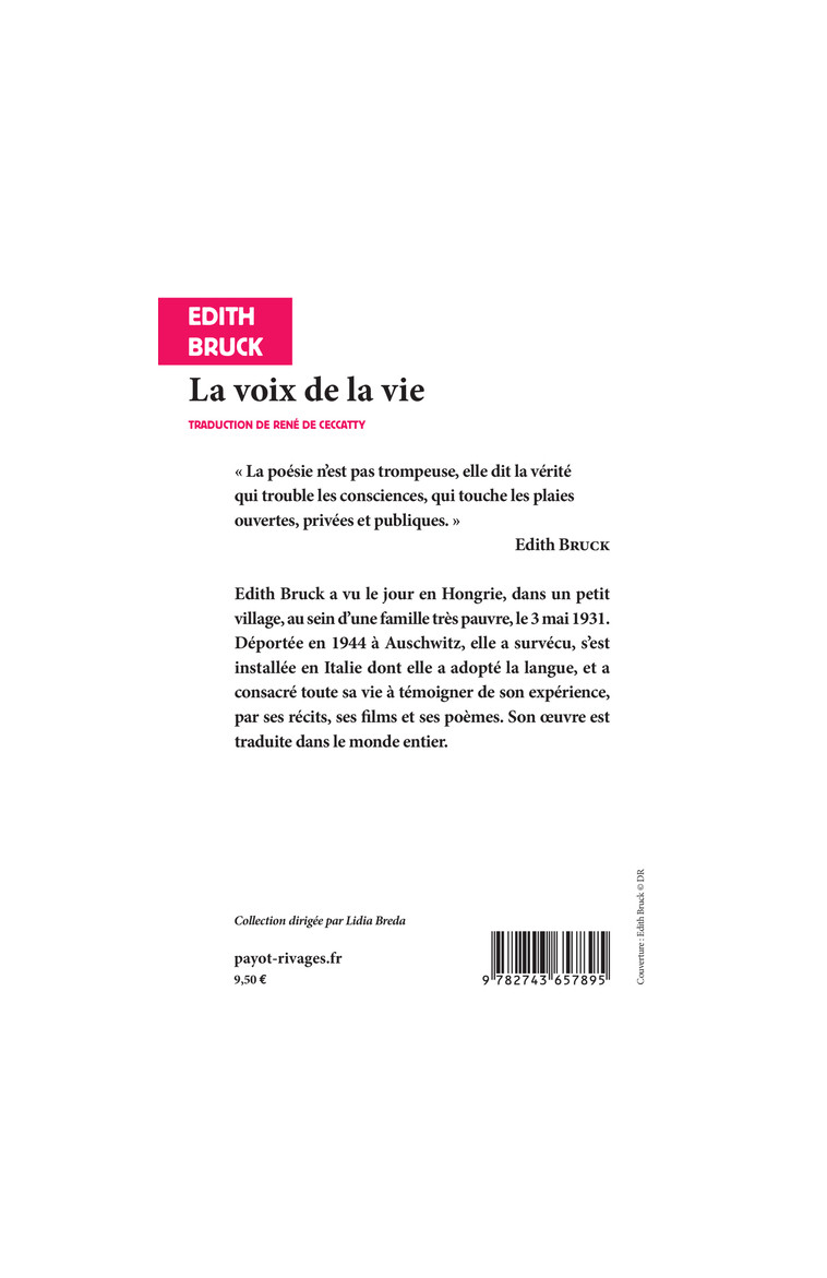 La voix de la vie - Edith Bruck - RIVAGES