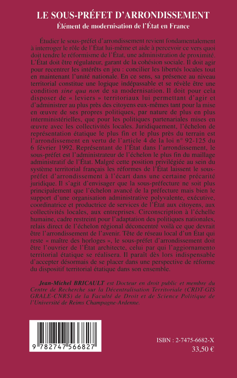 Le sous-préfet d'arrondissement - Jean-Michel Bricault - L'HARMATTAN